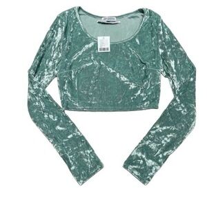 Velvet Long Sleeve Crop Top - Green